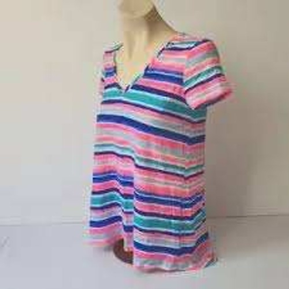 Lilly Pulitzer Etta V Neck Top Size M Sandy Shell Stripe Short Sleeve
